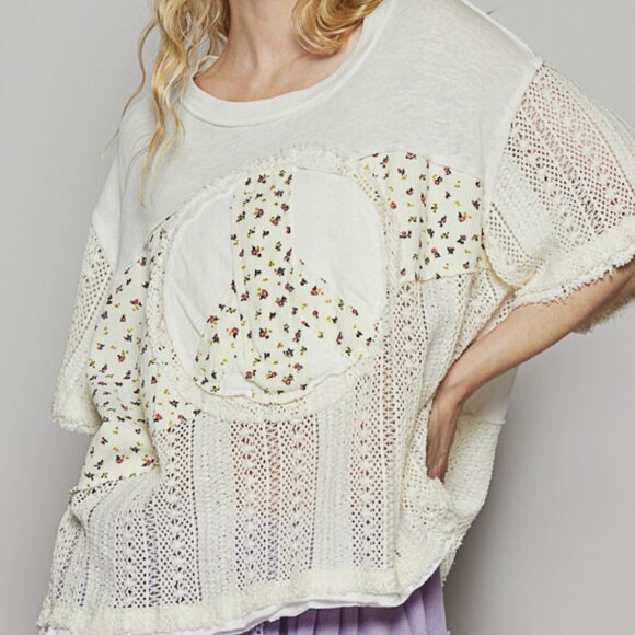 POL TOP PEACE PATCHWORK W/CROCHET IVORY MULTI - Picture 3 of 11